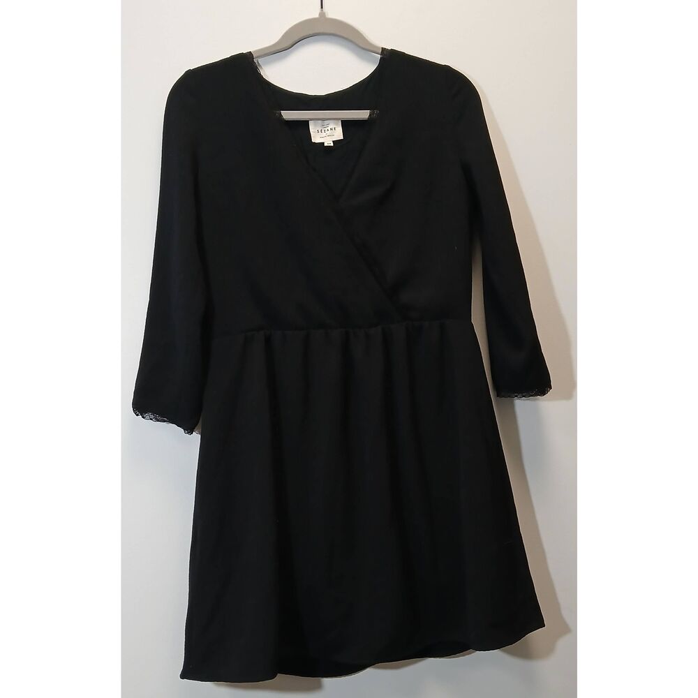 Sezane womens small black dress surplice neckline whimsigoth size 36